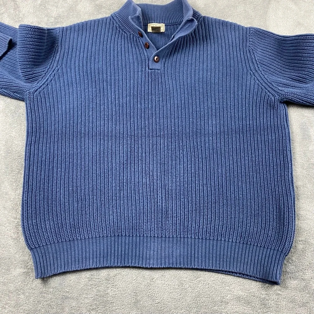 Vtg LL Bean Mens L Sweater Blue Cotton Shaker Stitch Mock Neck Quarter Button